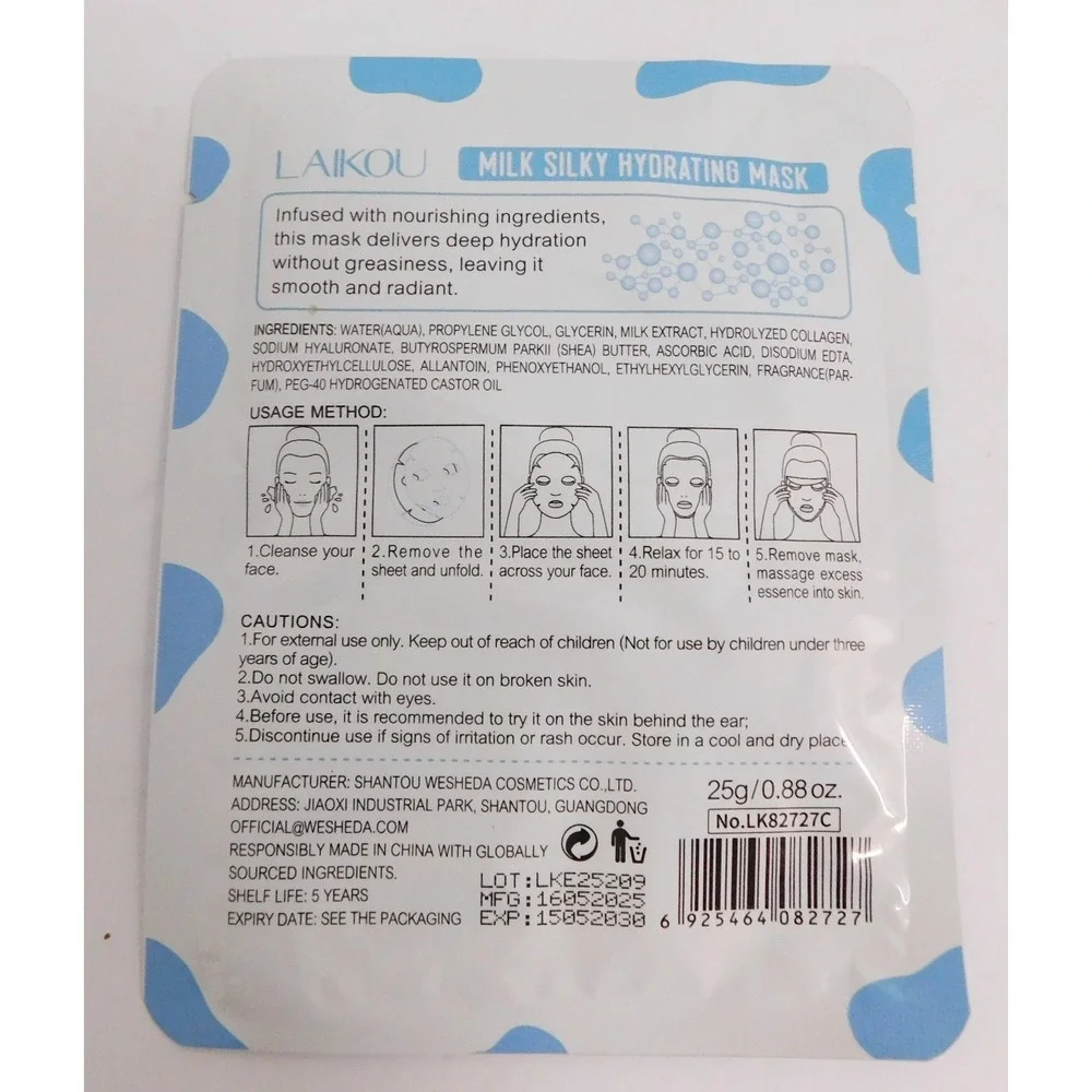 25 Laikou Milk Silky Hydrating Facial‎ Mask Collagen Hyaluronic Acid Shea Butter
